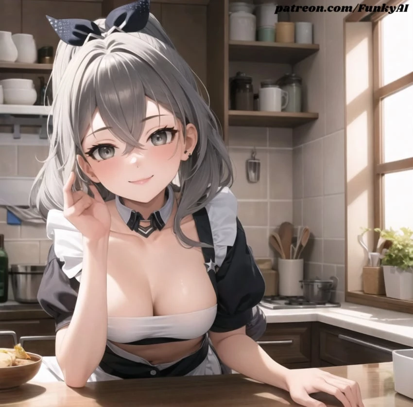 funkylewdai, honkai: star rail, silver wolf (honkai: star rail), grey eyes, grey hair, kitchen, maid, maid outfit, maid uniform, smile, ai generated