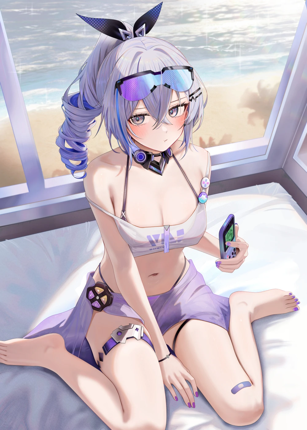 ru zhai, honkai: star rail, silver wolf (honkai: star rail), 1girls, beach, blush, gamer girl, gaming, hair ribbon, nail polish