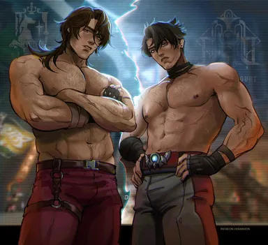 genshin impact, honkai: star rail, gallagher (honkai: star rail), wriothesley (genshin impact), armpit hair, bara, clothing, gay, hairy chest, looking at viewer, male, male nipples, male only, male/male, manly, mature male, muscular male, nipples, tight clothing, crossover