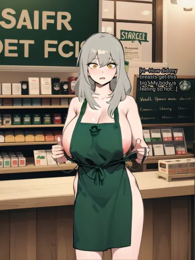 starbucks, stelle (honkai: star rail), apron, apron only, breast expansion, breast squeeze, golden eyes, grey hair, huge breasts, lactation, naked apron, sideboob, ai generated background, iced latte with breast milk