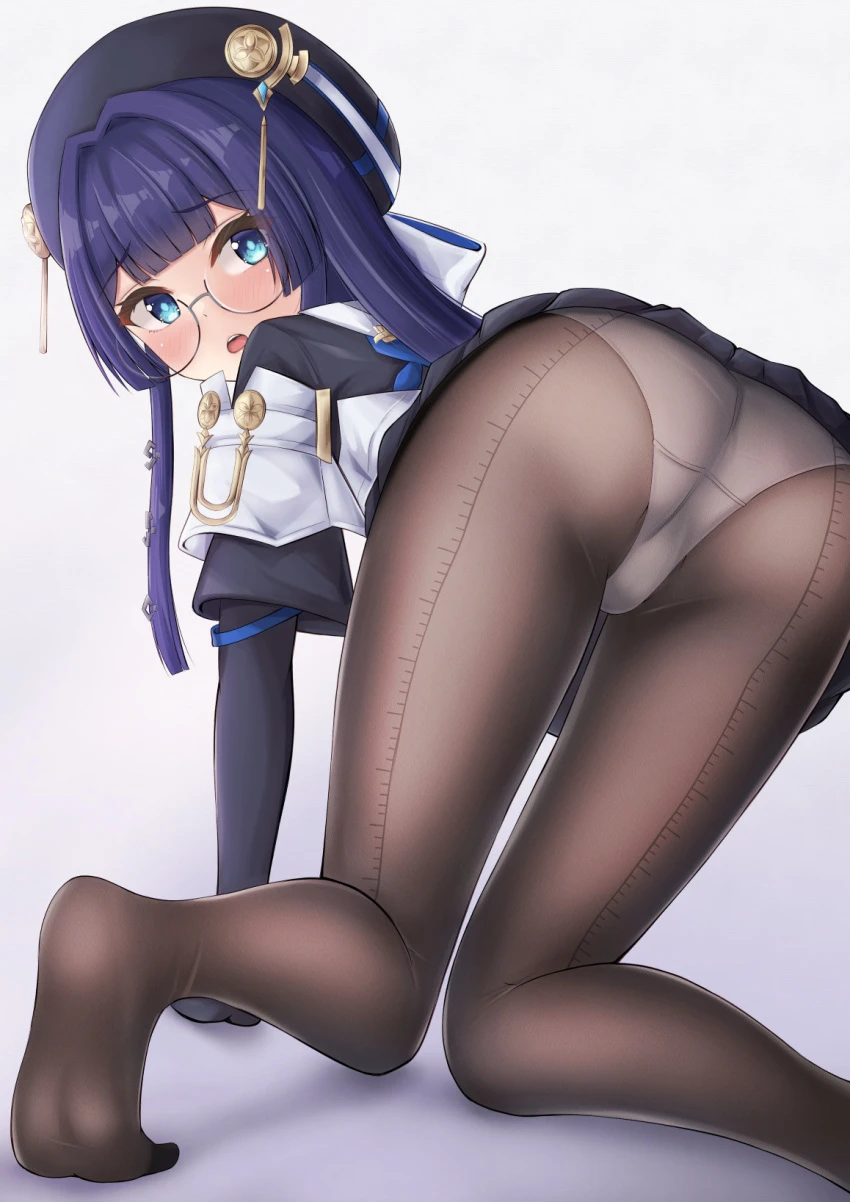 sugihanako, honkai (series), honkai: star rail, pela (honkai: star rail), all fours, ass, blue hair, glasses, hat, long hair, looking back, panties, tagme