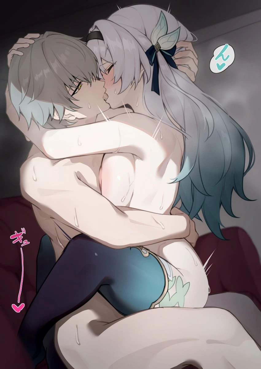 shirotategosha, honkai (series), honkai: star rail, caelus (honkai: star rail), firefly (honkai: star rail), trailblazer (honkai: star rail), 1boy, aqua hair, aqua thighhighs, black ribbon, black thighhighs, breast press, breasts, closed eyes, couch, female, french kiss, from side, gradient hair, gradient thighhighs, grey hair, hair ribbon, hairband, heart, hug, indoors, kissing, large breasts, long hair, looking at viewer, multicolored hair, nude, on couch, open mouth, ribbon, sex, short hair, sitting, straddling, straight, thighhighs, tongue, tongue out, two-tone hair, upright straddle, yellow eyes, absurdres, highres, translation request