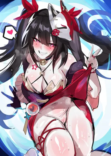 kurenaiz1, honkai (series), honkai: star rail, sparkle (honkai: star rail), bare shoulders, black hair, blush, breasts, choker, cleavage, detached sleeves, dress, female, flower tattoo, fox mask, grin, kurenaiz (kuayrenaiz), large breasts, long hair, looking at viewer, mask, mask on head, navel, no panties, pink eyes, pussy, red dress, smile, solo, tattoo, thighs, twintails, absurdres, highres