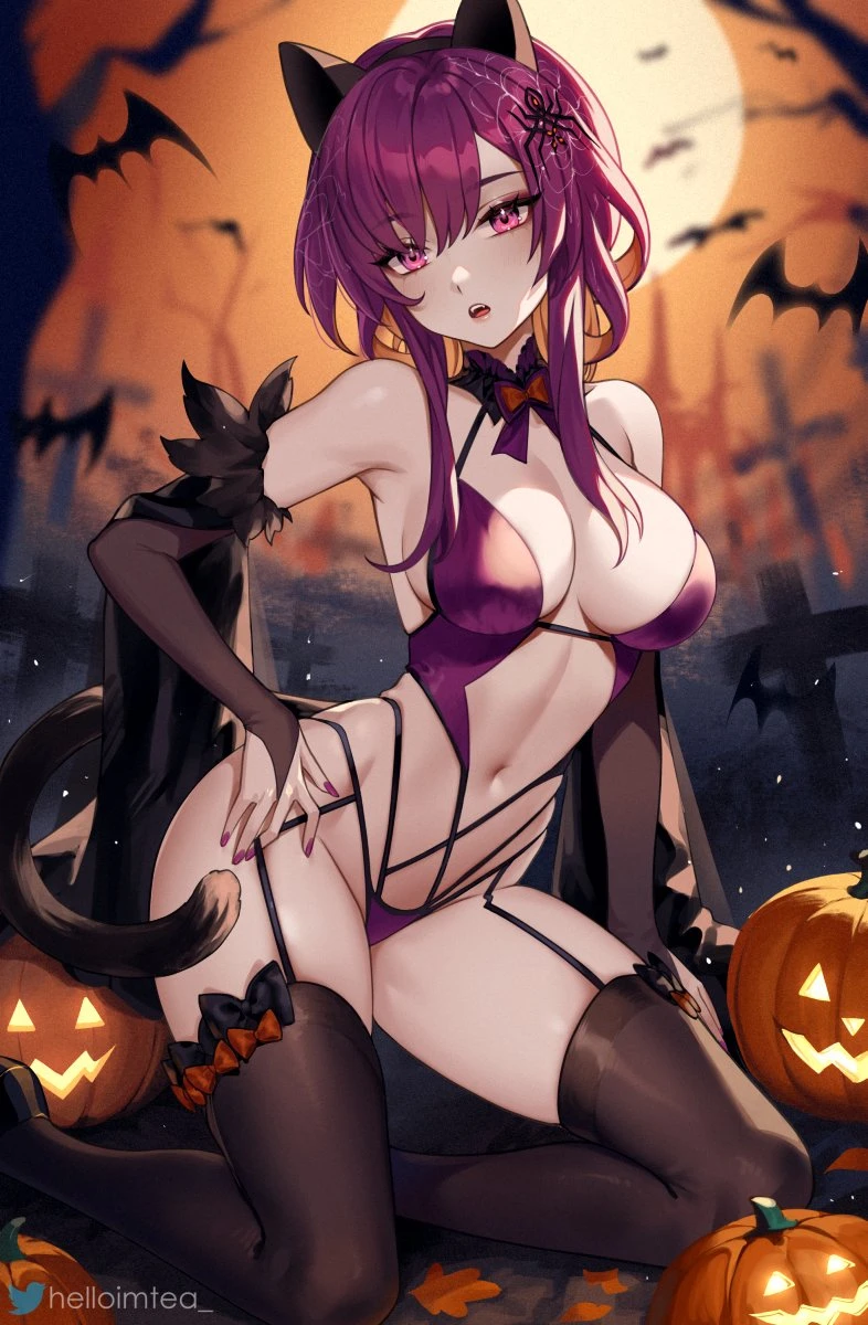 halloween, honkai: star rail, kafka (honkai: star rail), 1girls, arm support, bat, bats, cat ears, cat tail, collar, detached sleeves, garter straps, graveyard, kneeling, large breasts, legwear, looking at viewer, nail polish, open mouth, painted nails, pumpkin, purple nails, revealing clothes, thick thighs, tombstone, wide hips, artist name, twitter logo, twitter username