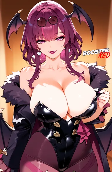 boosterred99, darkstalkers, honkai: star rail, kafka (honkai: star rail), morrigan aensland, morrigan aensland (cosplay), alternate costume, animal print, bare shoulders, bat wings, black leotard, cosplay, earrings, large breasts, leotard, long hair, multicolored hair, pantyhose, print pantyhose, purple pantyhose, seductive, seductive look, seductive smile, succubus, succubus wings, ai generated, stable diffusion