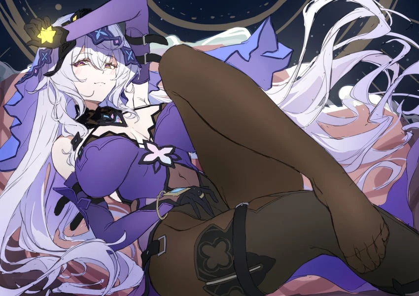 honkai: star rail, hoyoverse, black swan (honkai: star rail), 1 girl, arm belt, belt, covered navel, dress, feet, gloves, honkai series, long hair, lying, on back, purple dress, purple eyes, purple gloves, purple veil, solo, thigh belt, thigh strap, toes, white hair