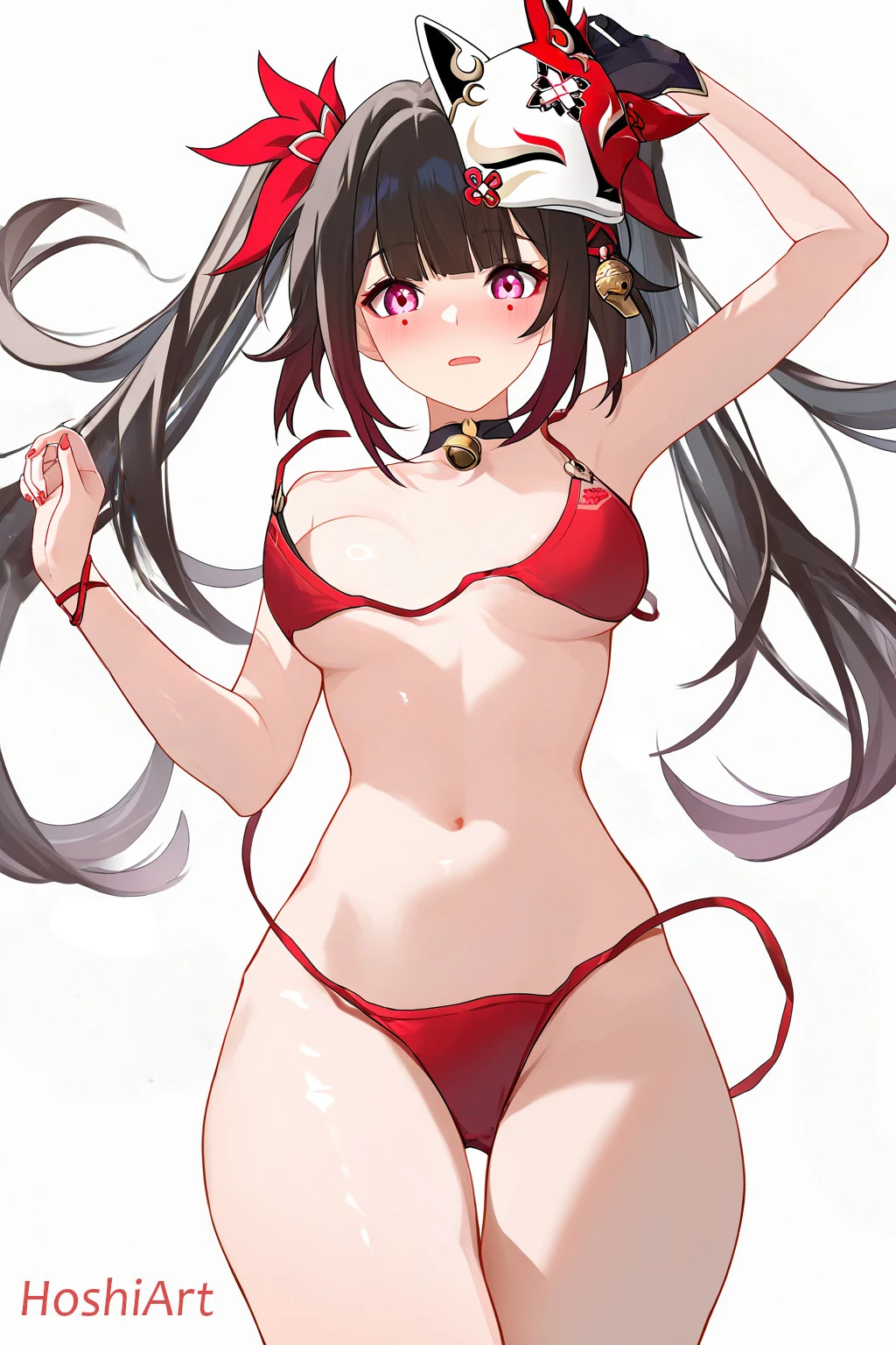 honkai: star rail, sparkle (honkai: star rail), 1girls, accidental exposure, bikini, bikini top, embarrassed, medium breasts, swimsuit, wardrobe malfunction