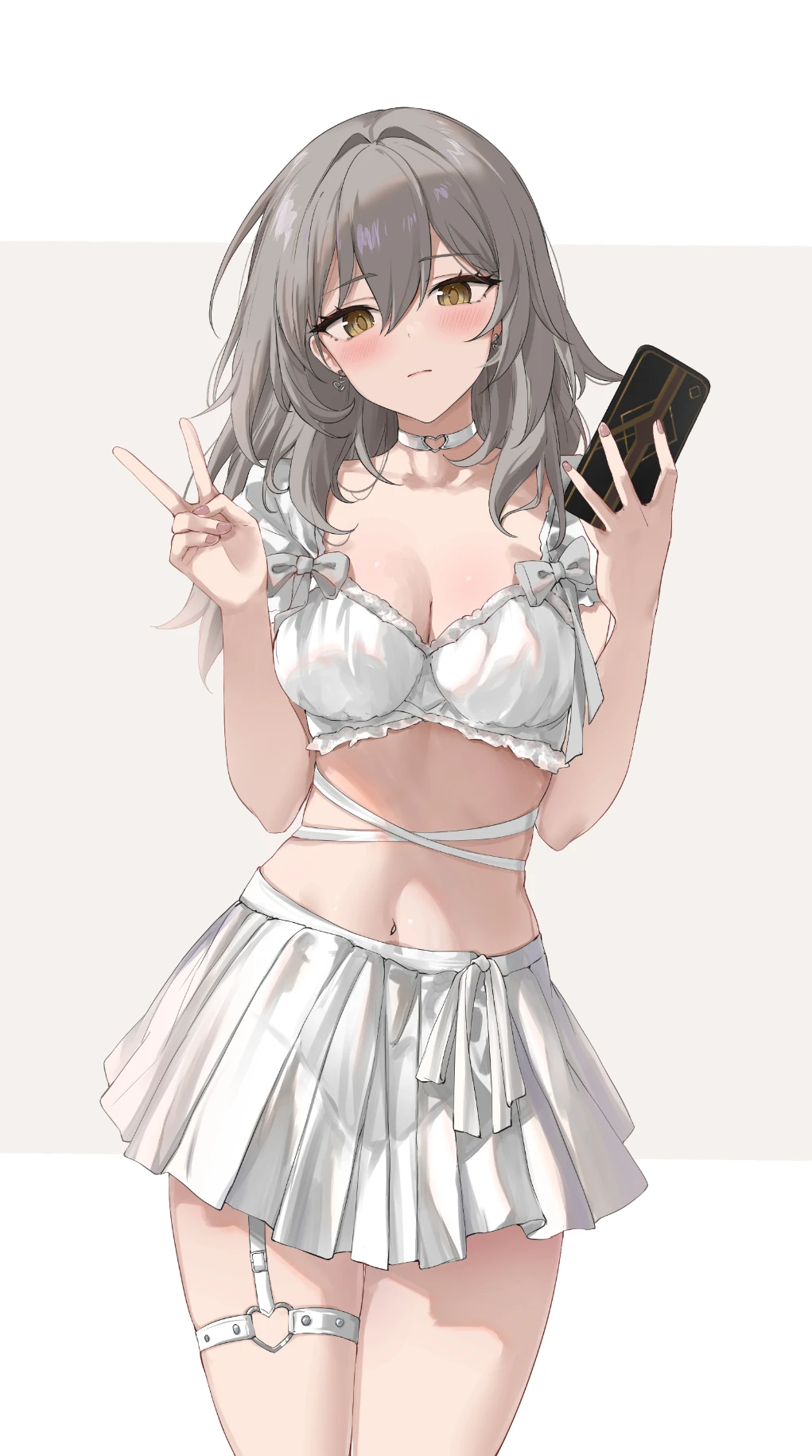 feint721, feintheart721, honkai (series), honkai: star rail, stelle (honkai: star rail), trailblazer (honkai: star rail), alternate costume, blush, blushing female, bra, breasts, brown eyes, brown eyes female, cellphone, choker, cleavage, closed mouth, cowboy shot, eyebrows visible through hair, female, fingernails, grey eyebrows, grey hair, grey hair female, head tilt, heart o-ring, holding, holding phone, linea alba, long hair, looking at viewer, medium breasts, nail, nail polish, navel, panties, peace sign, phone, pink fingernails, pink nail, pink nail polish, pleated skirt, skirt, smartphone, solo, stomach, thigh strap, thighband, tilted head, underwear, v, white bra, white choker, white panties, white skirt, white thighband, white underwear, yellow eyes, absurd res, absurdres, hi res, highres