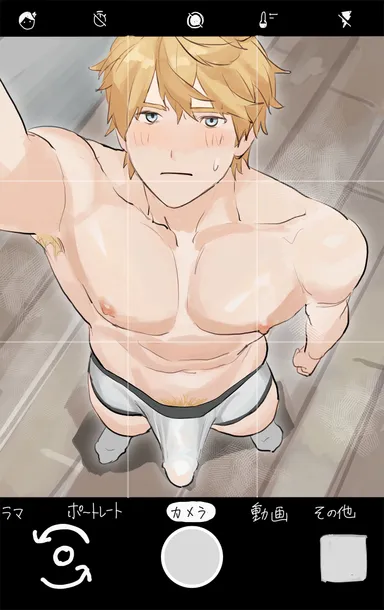 gepard (honkai: star rail), above view, armpit hair, armpits, blonde, blonde hair, blonde male, blush, bulge, erection, erection under clothes, male only, nipples, pecs, pubes, sweating, underwear