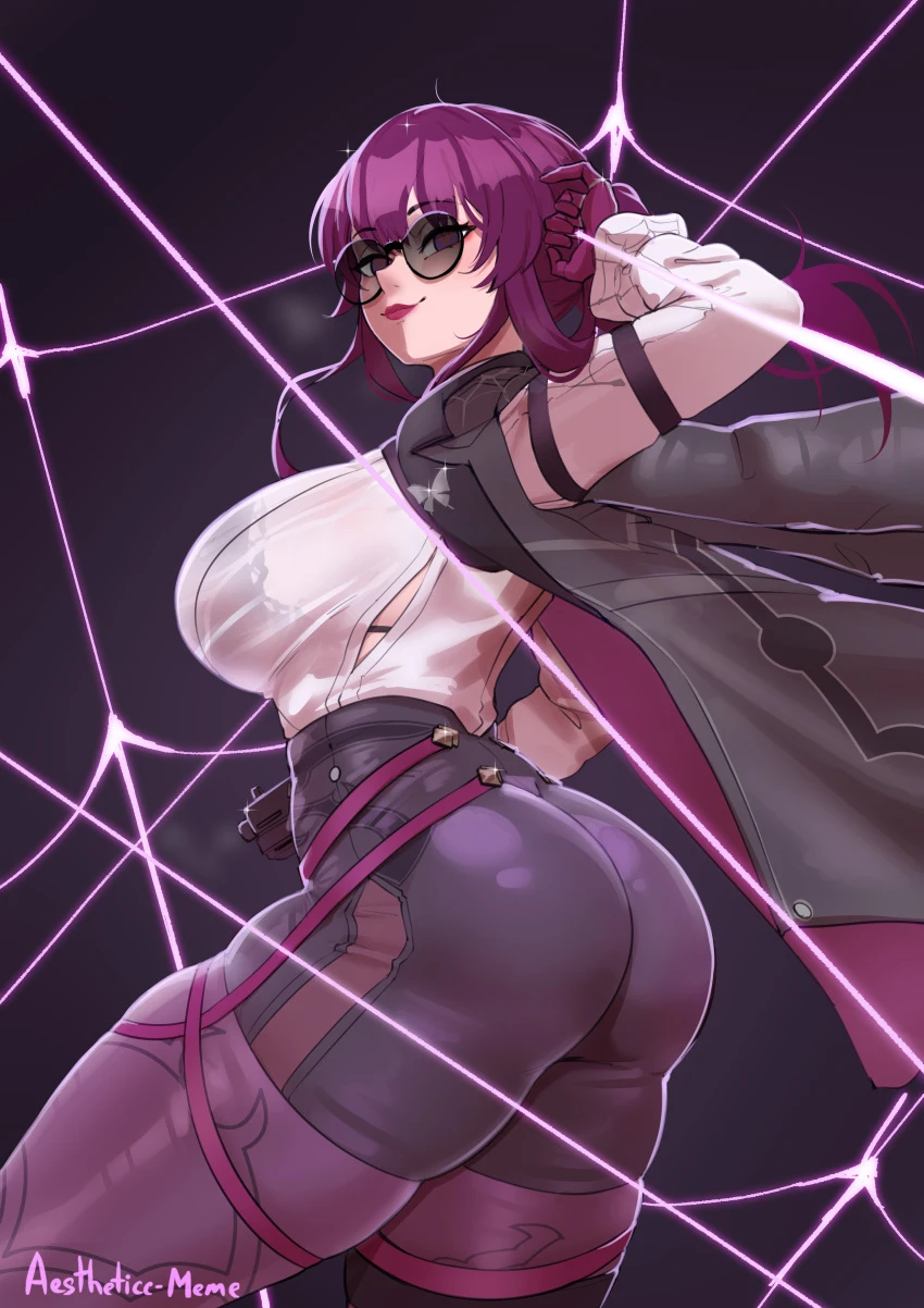 aestheticc-meme, honkai (series), honkai: star rail, kafka (honkai: star rail), 1girls, ass, breasts, clothed, dat ass, female, huge ass, huge breasts, light skin, purple eyes, purple hair, sunglasses, thick thighs, tight clothing, tinted eyewear, hi res